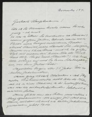 Brief von Käthe Kollwitz an Gerhart Hauptmann