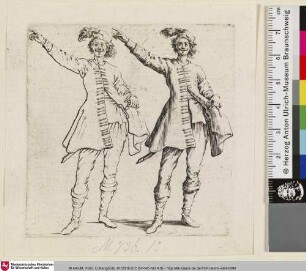 [Zwei Darstellungen eines Mannes mit erhobenem rechten Arm nebeneinander, ausgeführt und als Strichzeichnung; Deux figures...]