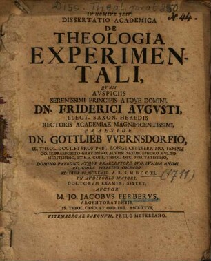 Dissertatio Academica De Theologia Experimentali