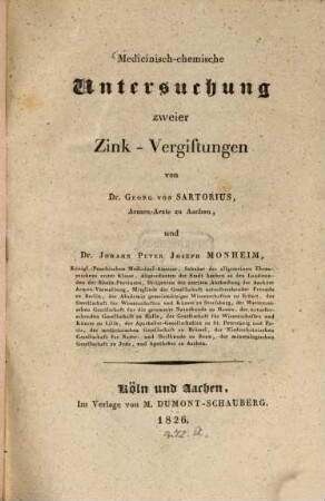 Medicinisch-chemische Untersuchung zweier Zink-Vergiftungen