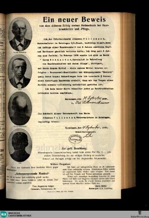Karlsruher Tagblatt, Ein neuer Beweis von dem sicheren Erfolg meiner Heilmethode bei Haarkrankheiten und -Pflege