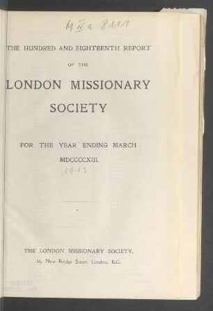 118.1913: Report of the London Missionary Society