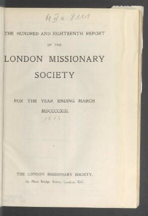 118.1913: Report of the London Missionary Society