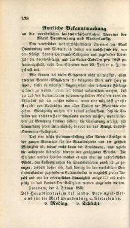 Amtliche Bekanntmachung an die verehrlichen landwirthschaftlichen Vereine der Mark Brandenburg und Niederlausitz.