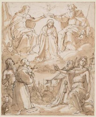 Krönung Mariens mit Heiligen (Hieronymus, Franz von Assisi?, Antonius der Große?, Johannes der Täufer sowie Märtyrerinnen im Hintergrund)