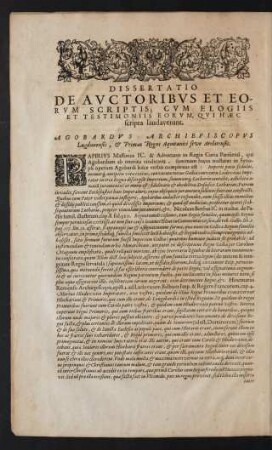 Dissertatio De Auctoribus Et Eorum Scriptis, Cum Elogiis Et Testimoniis Eorum, Qui Haec scripta laudaverunt.