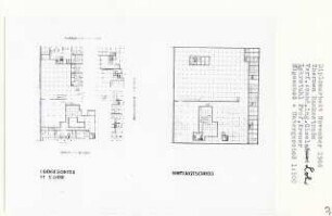 Thermen Rankestraße, Berlin-Charlottenburg (Diplomarbeit bei Willy Kreuer): Lageplan, Grundrisse Untergeschoss und Erdgeschoss 1:500