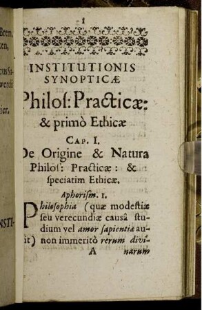 Institutionis Synopticae Philos: Practicae: primo Ethicae
