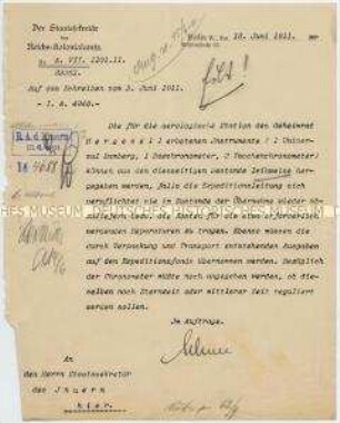 Brief des Staatssekretär des Reichs-Kolonialamts über die Verleihung wissenschaftlicher Instrumente für die aerologische Station