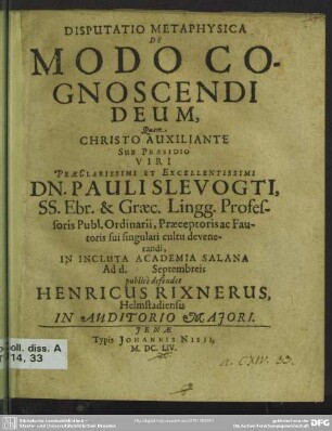 Disputatio Metaphysica De Modo Cognoscendi Deum