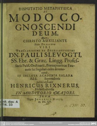 Disputatio Metaphysica De Modo Cognoscendi Deum
