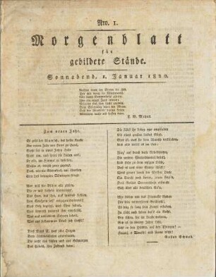 Nro. 1. Sonnabend, 1. Januar 1820. - Nro. 6. Freitag, 7. Januar 1820.