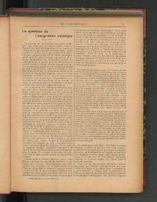 La question de l'émigration asiatique.
