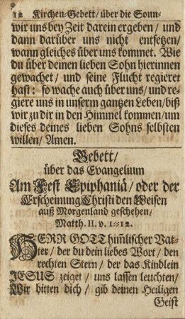 Gebett/ über das Evangelium Am Fest Epiphaniä/ oder der Erscheinung Christi den Weisen auß Morgenland geschehen/ ...