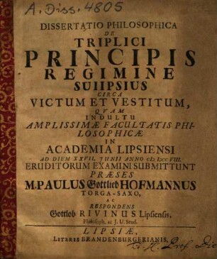 Dissertatio Philosophica De Triplici Principis Regimine Suiipsius Circa Victum Et Vestitum