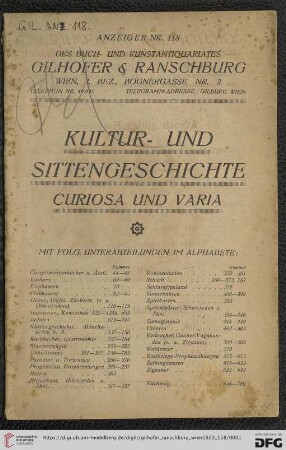 Nr. 118: Katalog: Kultur- und Sittengeschichte Curiosa und Varia