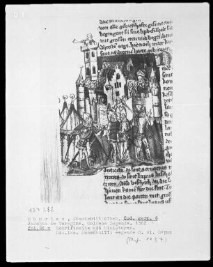 Die Legenda Aurea — Buchseite mit zwei Miniaturen, Folio 96verso — Attila und Bischof Lupus, Folio 96verso
