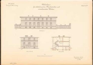Landgestüt, Braunsberg: Wohnhaus: Ansocht vom Hof, Seitenansicht, Schnitt 1:100