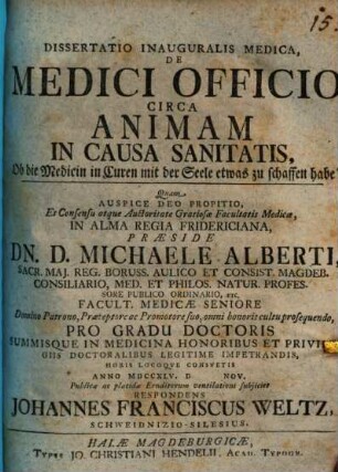 Diss. inaug. med. de medici officio circa animam in causa sanitatis