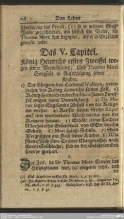 Das V. Capitel. König Heinrichs ersten Zweiffel wegen seiner Vermählung; Und Thomas Mori Sorgfalt in Auferziehung seiner Kinder