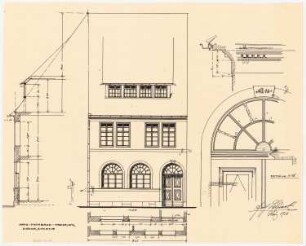 Fassaden der nach dem Brand am 17. Juni 1915 wiederaufgebauten Häuser, Duderstadt: Aufriss: Ansicht von der Straße 1:50; Fassadenschnitte horizontal und vertikal 1:50; Details 1:10: Haustür und Gesims