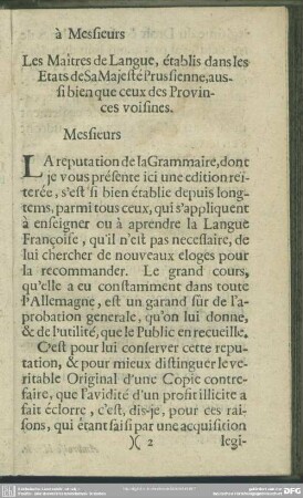 Les Maitres de Langue, etablis dans les Etats de Sa Maieste Prussienne, aussi bien que ceux des Provinces voisines