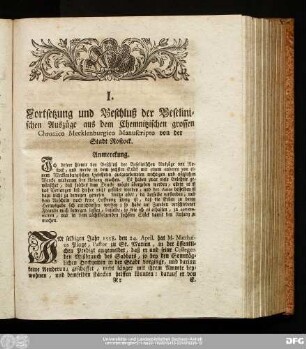 I. Fortsetzung und Beschluß der Beselinischen Auszüge aus dem Chemnitzischen grossen Chronico Mecklenburgico Manuscripto von der Stadt Rostock.