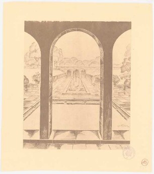 Friedhof: Blick durch Fenster auf Wasserbecken