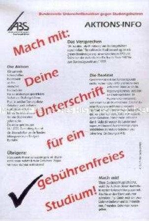 Flugblatt des Aktionsbündnisses gegen Studiengebühren (ABS) mit dem Aufruf zu einer Unterschriftenaktion