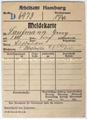 Meldekarte des Arbeitsamtes ("Stempelkarte")