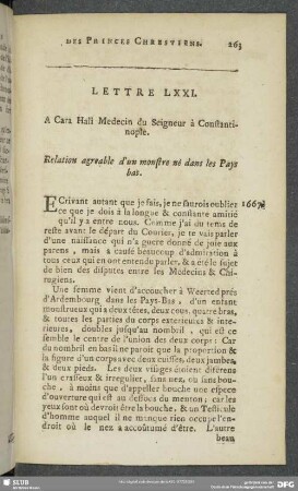Lettre LXXI [i.e. LXXII]. A Cara Hali Medecin du Seigneur à Constantinople