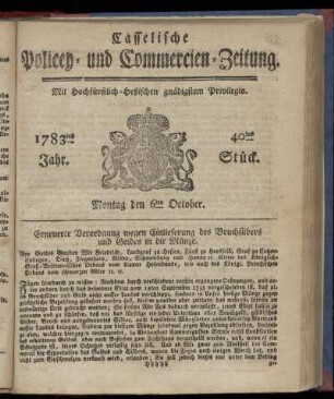 40tes Stueck, Montag den 6ten October. 1783