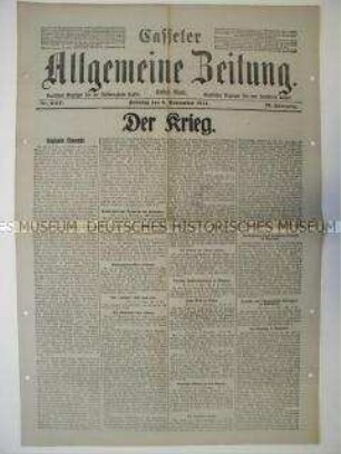 Regionale Tageszeitung "Casseler Allgemeine Zeitung" mit Meldungen und Berichten von verschiedenen Kriegsschauplätzen