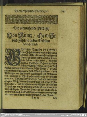 Die viertzehende Predigt, Von Müntz, Gewicht und Zahl, so in der Biblien gedacht wird