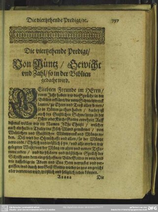 Die viertzehende Predigt, Von Müntz, Gewicht und Zahl, so in der Biblien gedacht wird