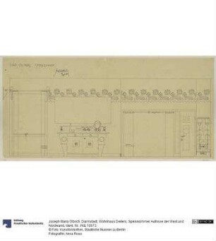 Darmstadt, Wohnhaus Deiters, Speisezimmer, Aufrisse der West und Nordwand