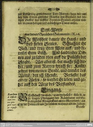 Text-Worte aus denen Sprüchen Salomonis c. IX, 1-6