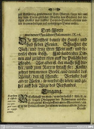 Text-Worte aus denen Sprüchen Salomonis c. IX, 1-6