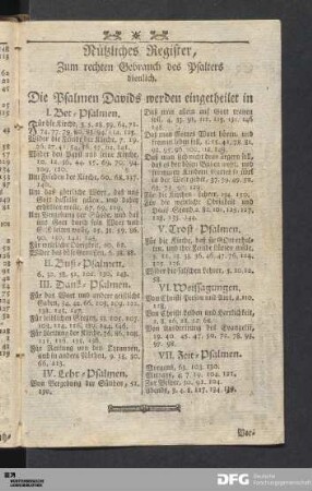 Nützliches Register, Zum rechten Gebrauch des Psalters dienlich.
