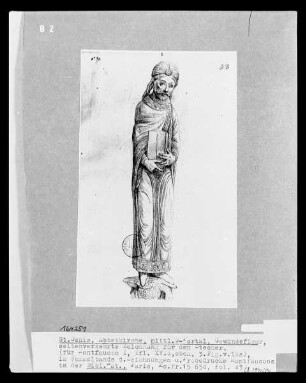 Les monuments de la monarchie française. Sammelband der Zeichnungen und Probedrucke Montfaucons — Saint-Denis, Abteikirche, Gewändefigur des mittleres Westportals, Seitenverkehrte Zeichnung für den Stecher (für Bd. I, Taf. XVII), Folio fol. 43