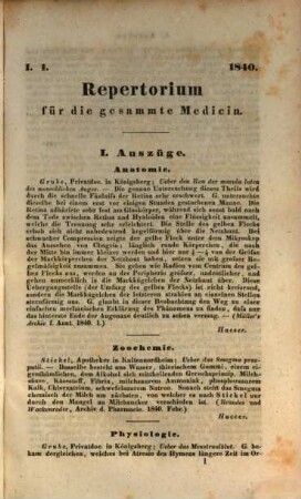 Repertorium für die gesammte Medicin. 1841, Bd. 1