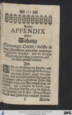 Kurtzer Appendix Oder Anhang.