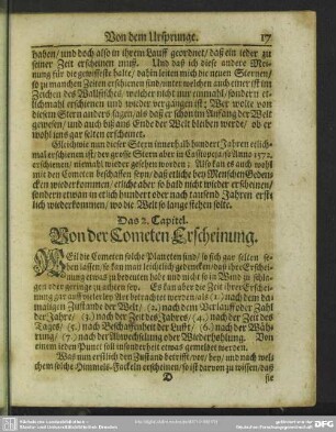 Das 2. Capitel. Von der Cometen Erscheinung