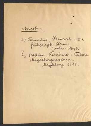 Handschriftliches Inhaltsverzeichnis des Sammelbandes