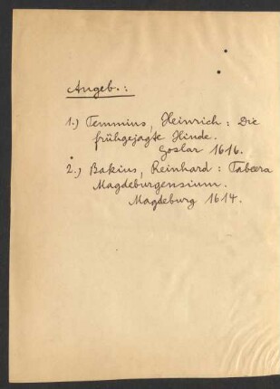 Handschriftliches Inhaltsverzeichnis des Sammelbandes