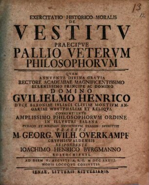 Exercitatio Historico-Moralis De Vestitv Praecipve Pallio Vetervm Philosophorvm