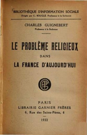 Le problème religieux dans la France d'aujourd'hui