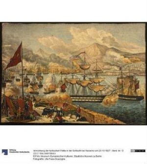Vernichtung der türkischen Flotte in der Schlacht bei Navarino am 20.10.1827.