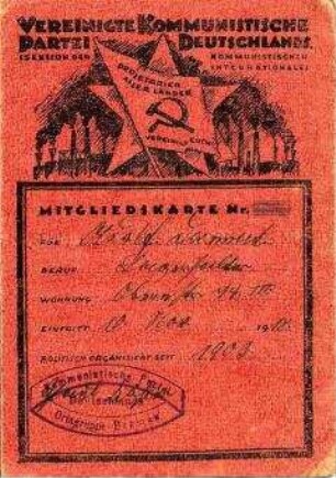 Mitgliedskarte der Vereinigten Kommunistischen Partei Deutschlands (VKPD)
