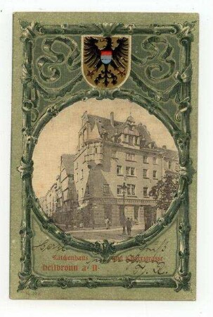 "Käthchenhaus und Kaiserstraße", Foto in Lithographie mit Stadtwappen
